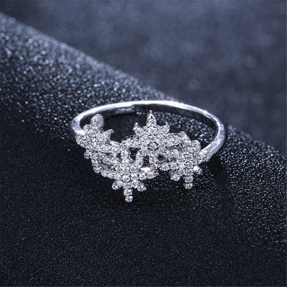 Cubic Zirconia and Silver-Plated Snowflake Ring, silver statement rings for women, everyday style, front view