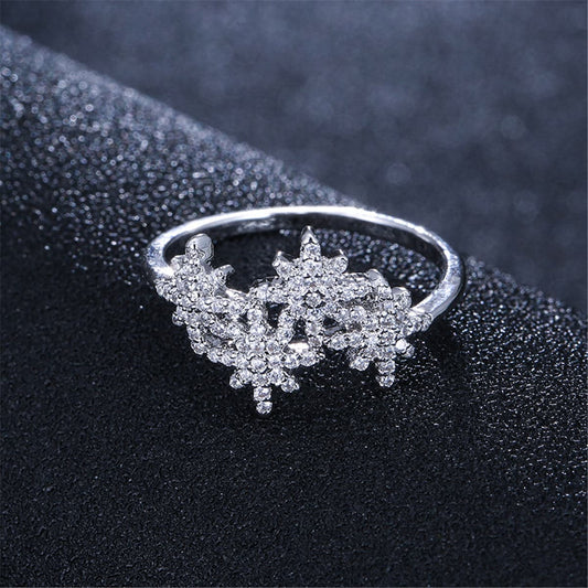 Cubic Zirconia and Silver-Plated Snowflake Ring, silver statement rings for women, everyday style, front view