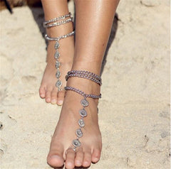Silver-Plated Floral Four-Plate Anklet & Toe Ring Set