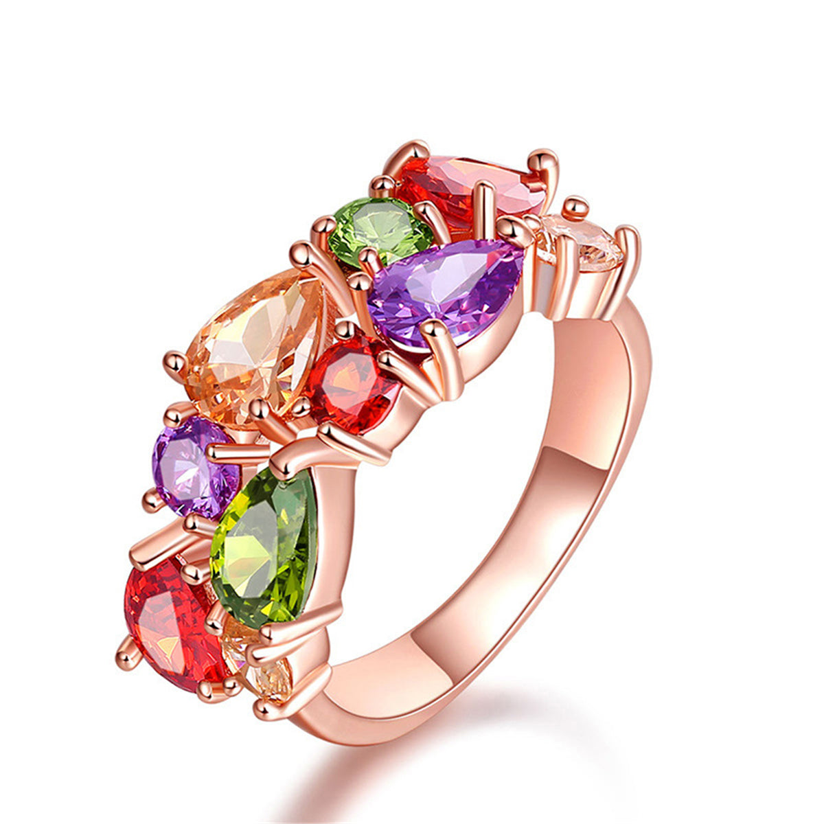 Crystal and 18K Rose Gold-Plated Pear-Cut Cluster Ring, dainty minimalist design, front view