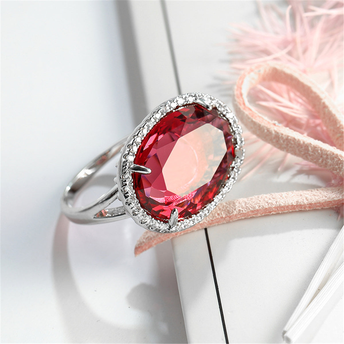 Rose Crystal and Cubic Zirconia Oval Halo Adjustable Ring, statement rings for women, vintage-inspired design, lifestyle look
