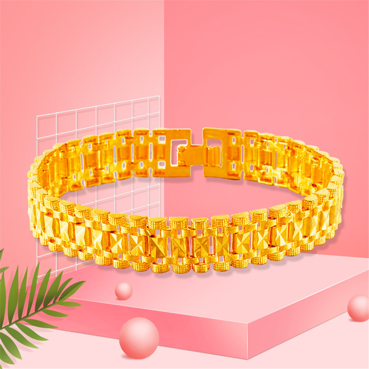 24K Gold-Plated Square Watch Bracelet, gold bracelet for women, botanical inspired, lifestyle look