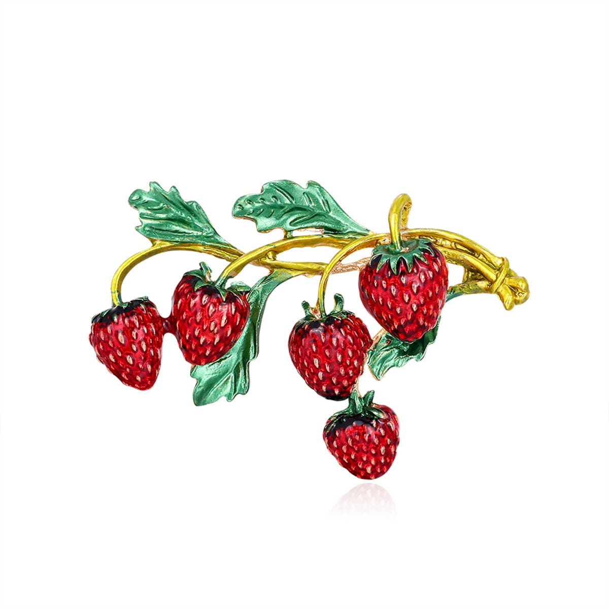 Red Enamel and 18K Gold-Plated Strawberries Brooch, gold brooch pin, vintage-inspired design, front view