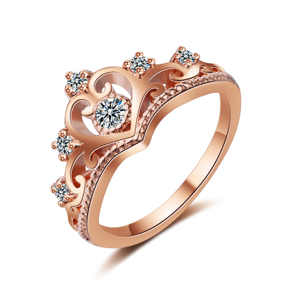 Crystal and Cubic Zirconia 18K Rose Gold-Plated Crown Ring, rose gold statement rings for women, everyday style, front view