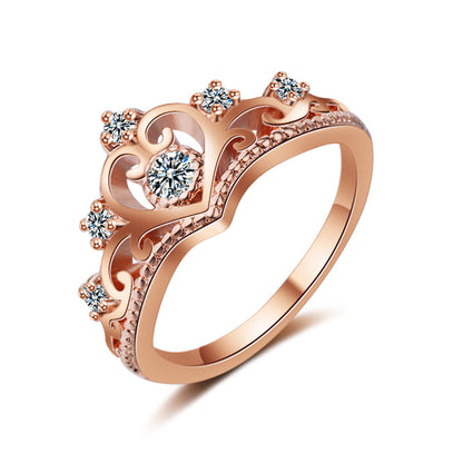 Crystal and Cubic Zirconia 18K Rose Gold-Plated Crown Ring, rose gold statement rings for women, everyday style, front view