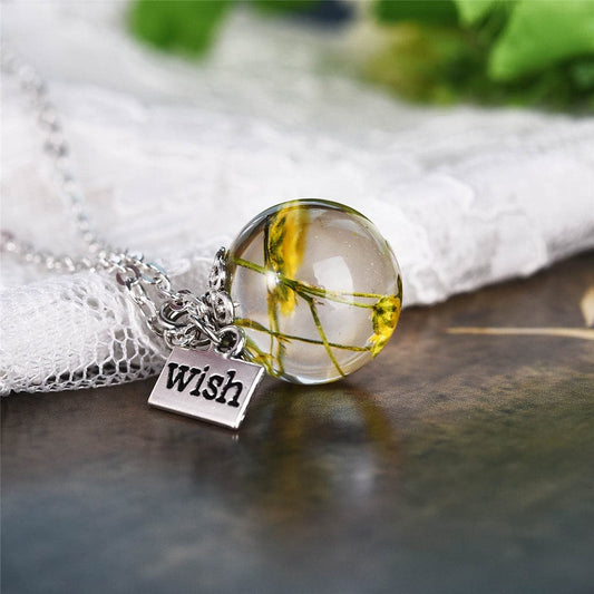 Yellow Daisy and Silver-Plated 'Wish' Pendant Necklace, silver pendant necklace for women, botanical inspired, front view