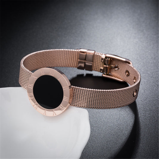 18K Rose Gold-Plated Roman Numberal Watch Belt Bracelet, rose gold bracelet for women, everyday style, front view