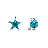 Teal Crystal & Silver-Plated Blue Moon & Star Stud Earrings - streetregion