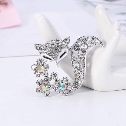 Clear Cubic Zirconia and Silver-Plated Floral Fox Brooch, silver brooch pin, vintage-inspired design, side view