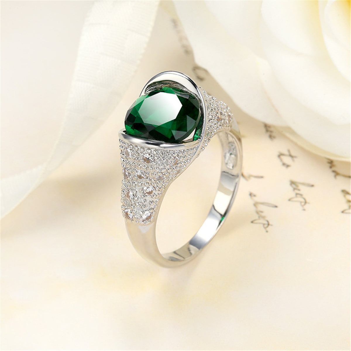Green Crystal and Silver-Plated Bezel Ring, silver statement rings for women, dainty minimalist design, detail close-up