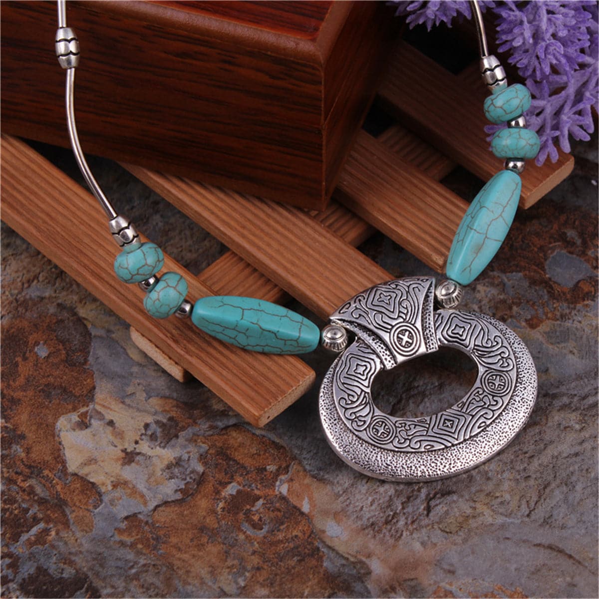 Turquoise & Silver-Plated Geometric Pendant Necklace