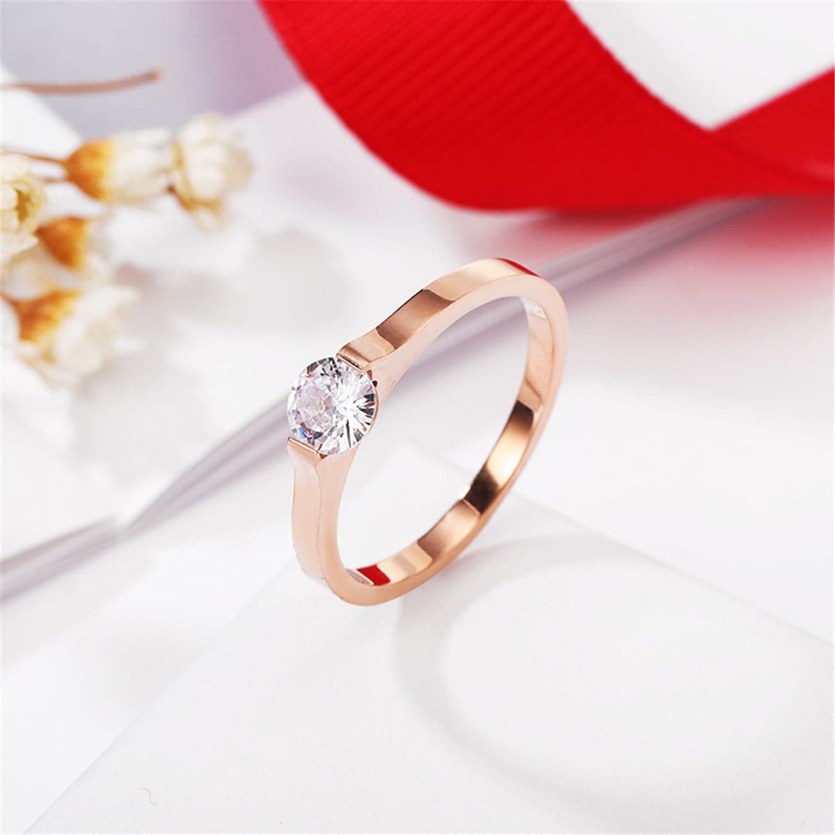 Cubic Zirconia & 18K Rose Gold-Plated Round-Cut Ring