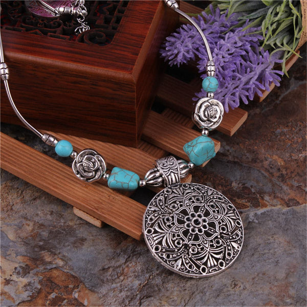 Simulated Turquoise & Silver-Plated Floral Plate Pendant Necklace