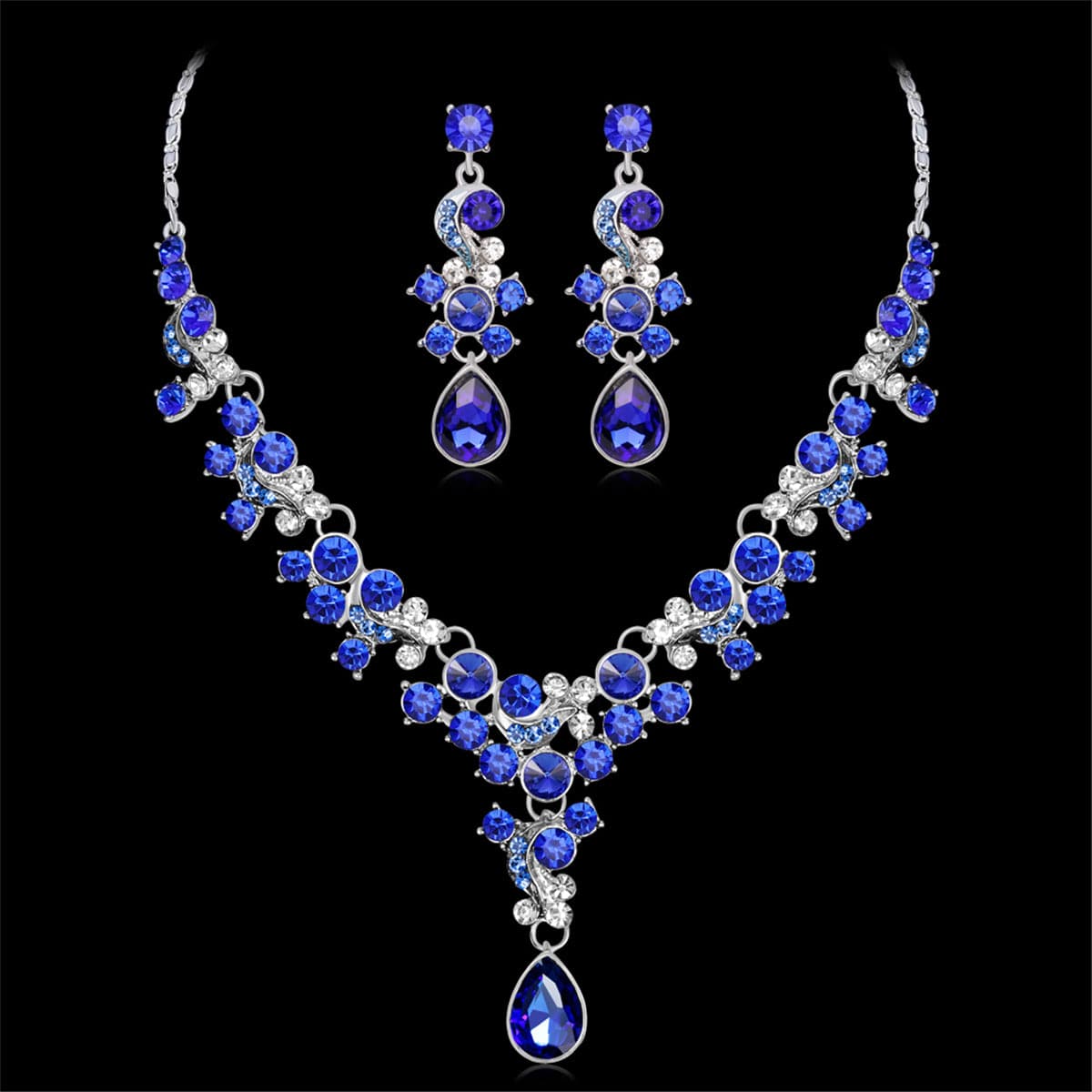 Blue Crystal & Cubic Zirconia Drop Earrings & Statement Necklace