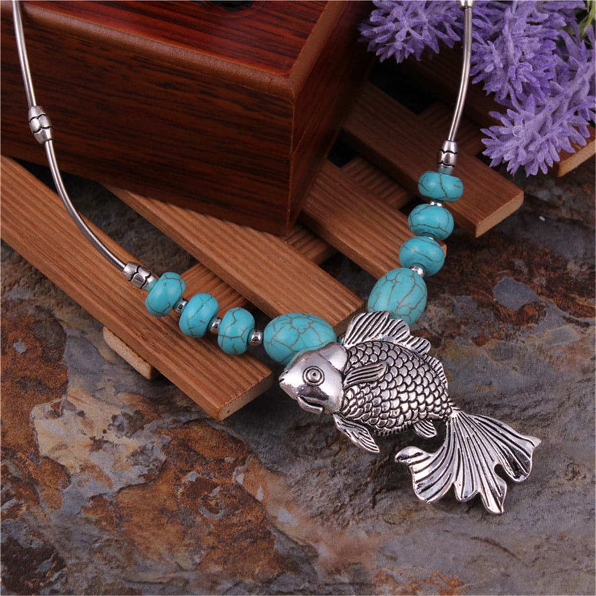 Turquoise & Silver-Plated Fish Pendant Necklace