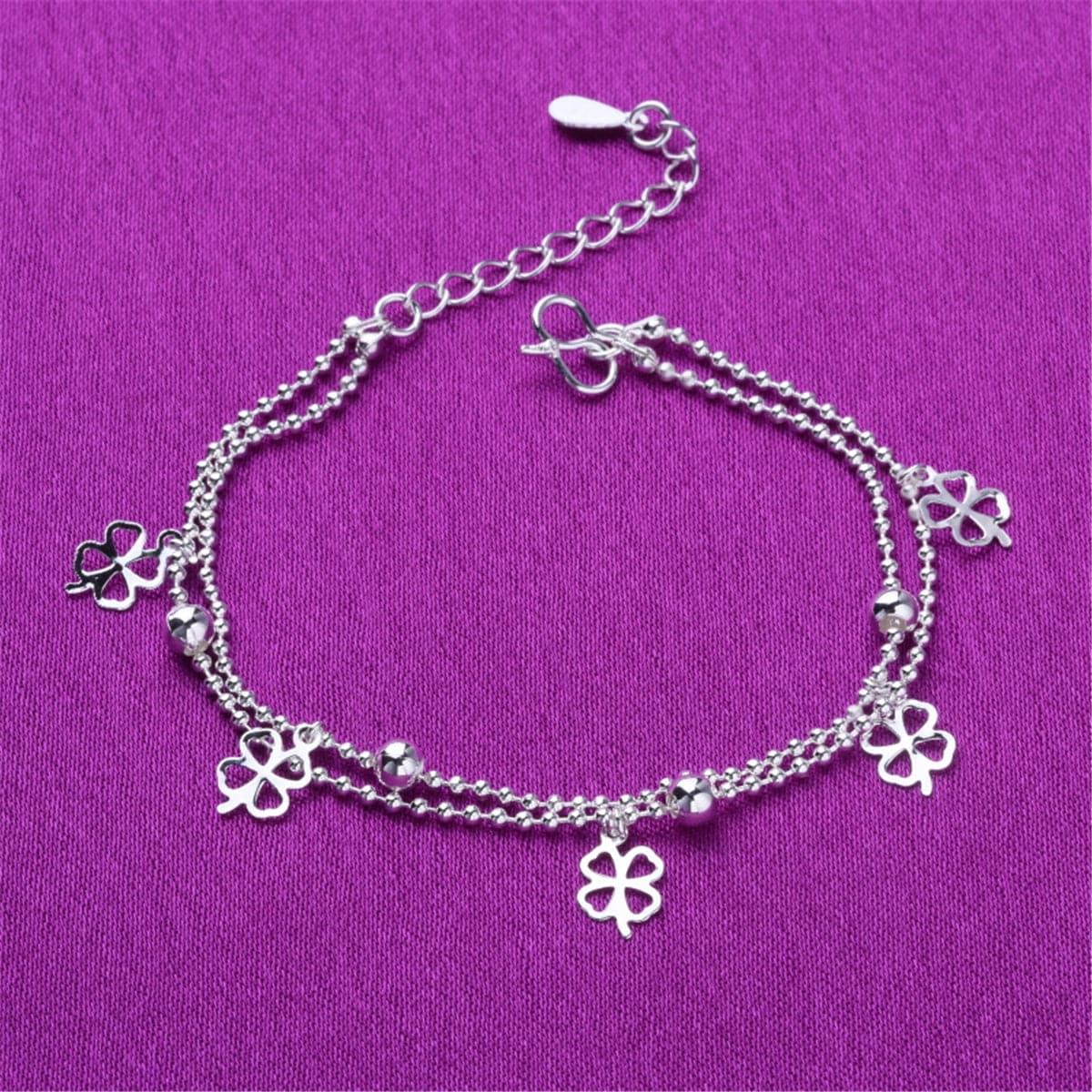 Silver-Plated Open Clover Station Layered Anklet