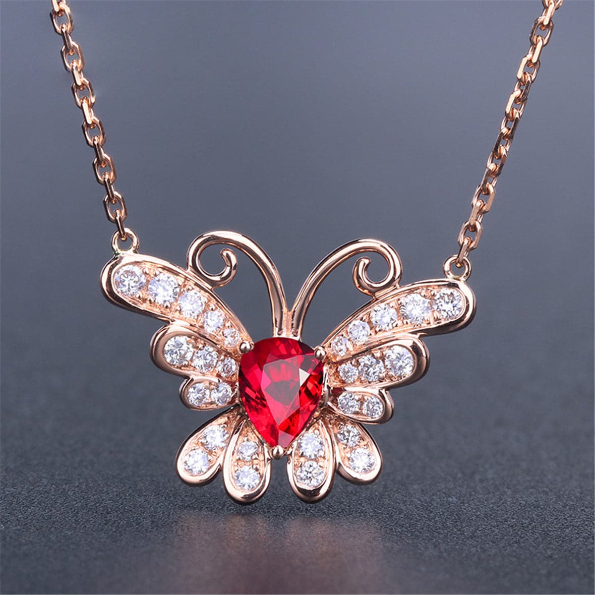 Red Crystal & Cubic Zirconia 18K Rose Gold-Plated Butterfly Pendant Necklace