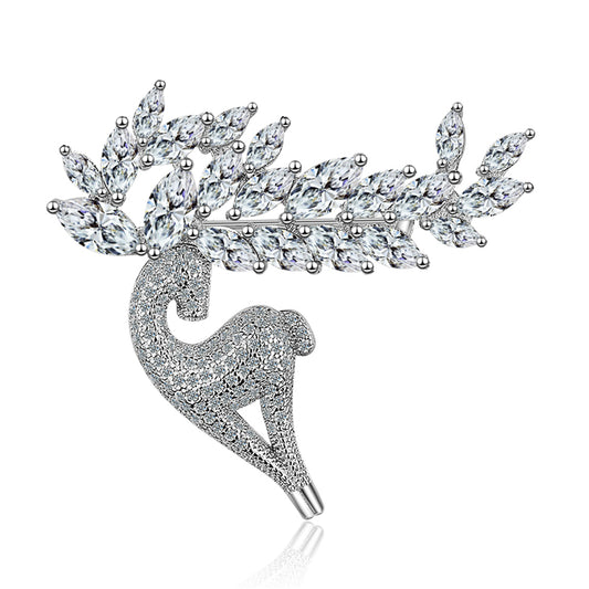 Cubic Zirconia and Crystal Silver-Plated Deer Brooch, silver brooch pin, dainty minimalist design, front view