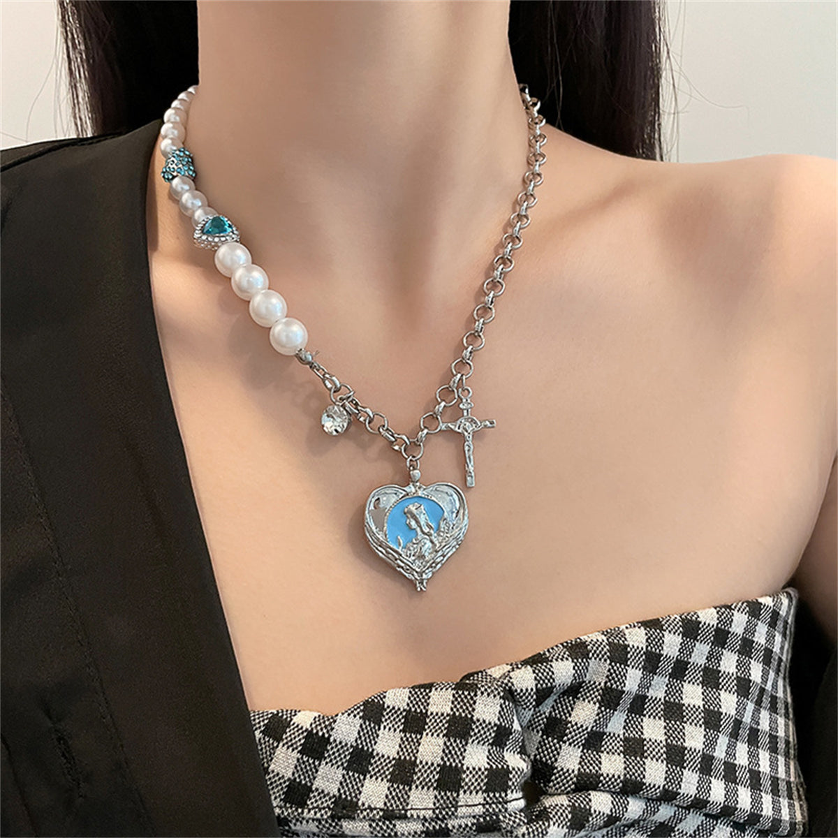 Pearl and Cubic Zirconia Heart Crucifix Pendant Necklace, pendant necklace for women, dainty minimalist design, front view
