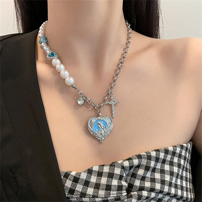 Pearl and Cubic Zirconia Heart Crucifix Pendant Necklace, pendant necklace for women, dainty minimalist design, front view