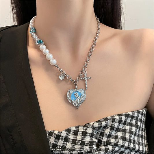 Pearl and Cubic Zirconia Heart Crucifix Pendant Necklace, pendant necklace for women, dainty minimalist design, front view