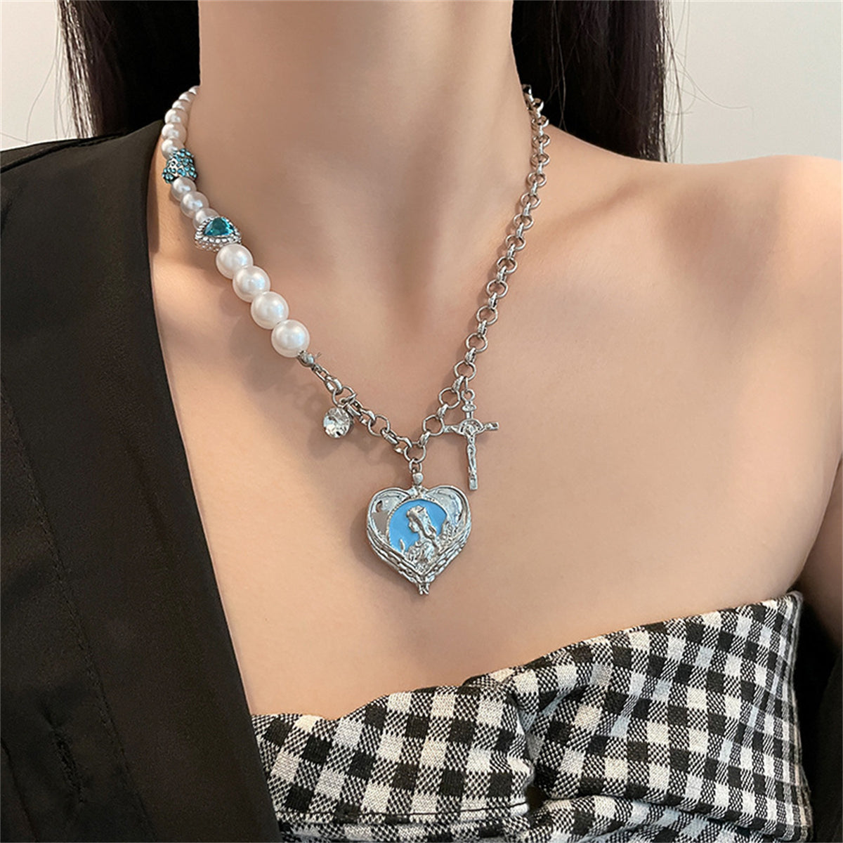 Pearl & Cubic Zirconia Heart Crucifix Pendant Necklace