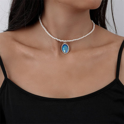 Pearl and Cubic Zirconia Sequin Gold-Plated Fish Scale Pendant Necklace, gold pendant necklace for women, front view