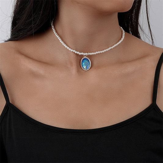 Pearl and Cubic Zirconia Sequin Gold-Plated Fish Scale Pendant Necklace, gold pendant necklace for women, front view