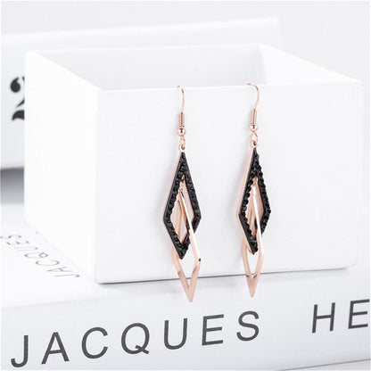 Black and 18K Rose Gold-Plated Crossing Rhombus Drop Earrings, rose gold drop earrings for women, everyday style, front view