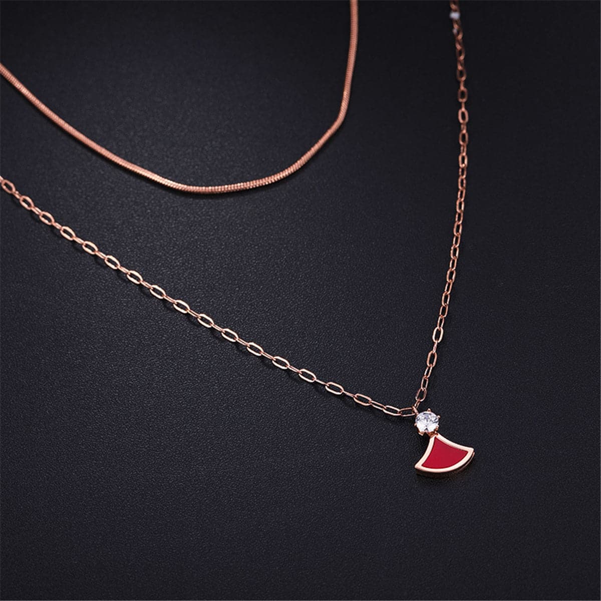 Cubic Zirconia and 18K Rose Gold-Plated Layered Pendant Necklace, rose gold pendant necklace for women, detail close-up