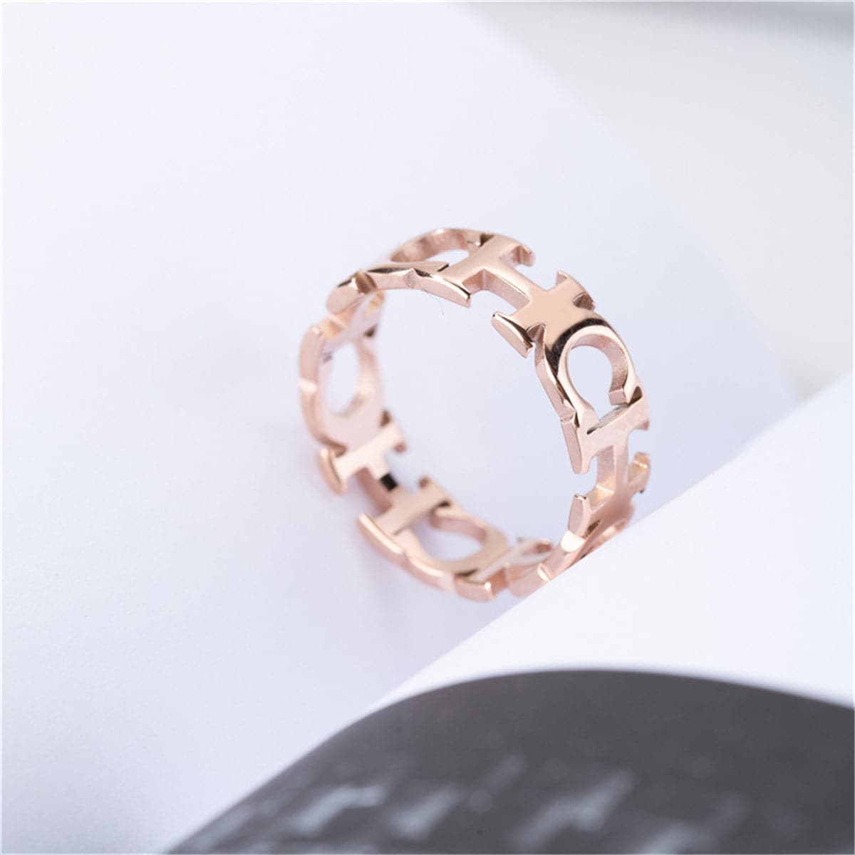 18K Rose Gold-Plated 'CH' Band Ring, rose gold statement rings for women, everyday style, side view