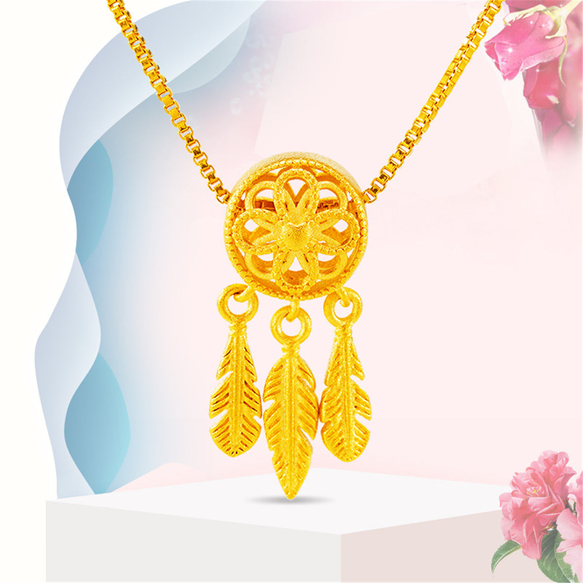 24K Gold-Plated Open Dream Catcher Pendant Necklace, gold pendant necklace for women, elegant gift for her, front view