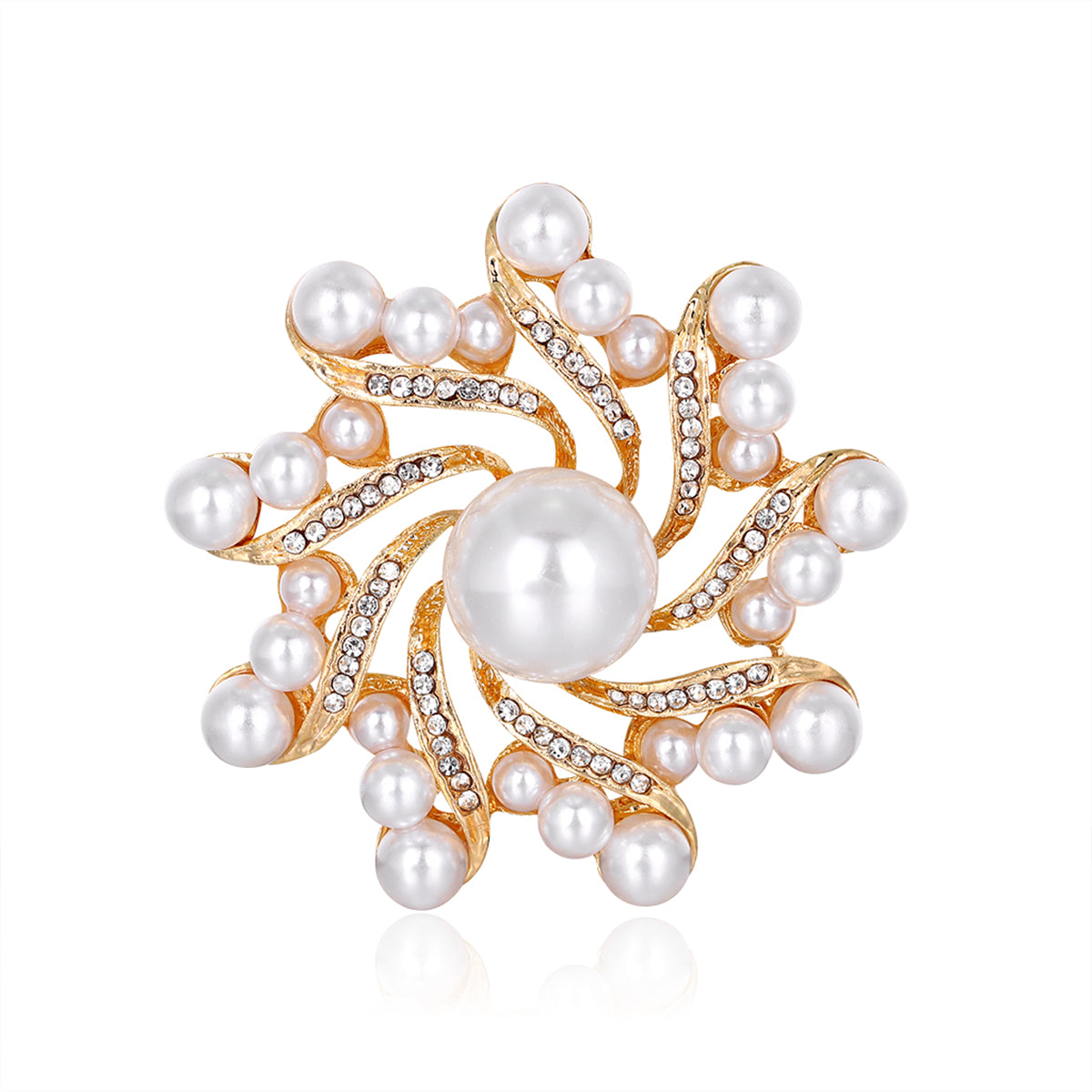 Clear Cubic Zirconia and Pearl 18K Gold-Plated Vortex Brooch, gold brooch pin, everyday style, front view
