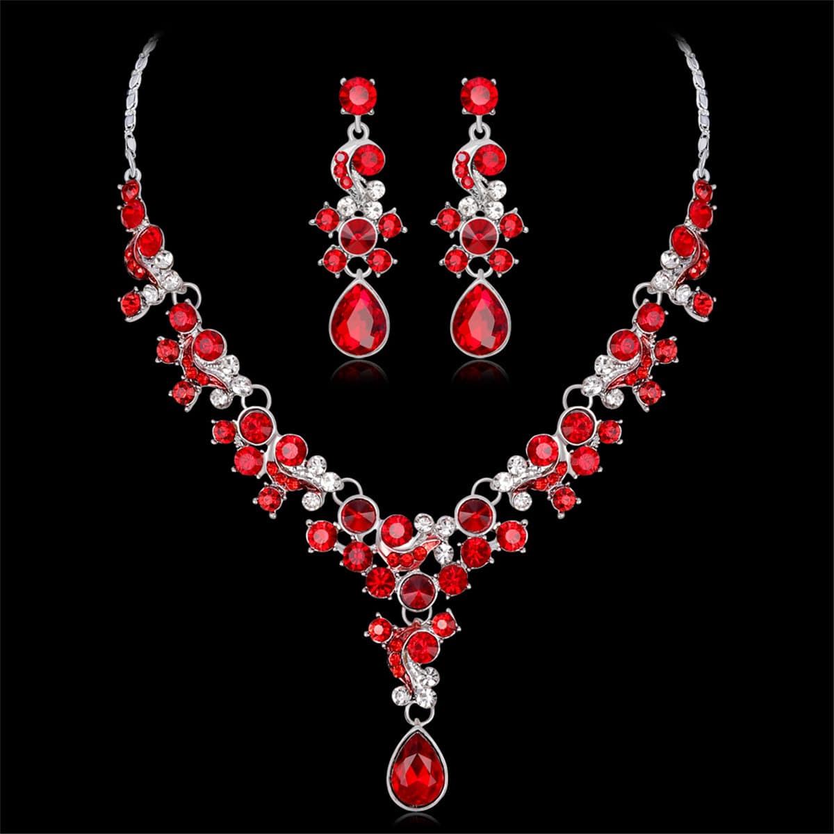 Red Crystal and Cubic Zirconia Flower Drop Earrings and Necklace Set, drop earrings for women, lifestyle look