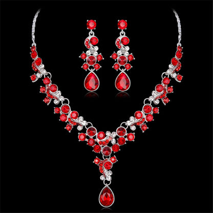 Red Crystal and Cubic Zirconia Flower Drop Earrings and Necklace Set, drop earrings for women, lifestyle look