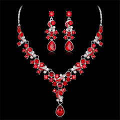 Red Crystal & Cubic Zirconia Flower Drop Earrings & Necklace Set