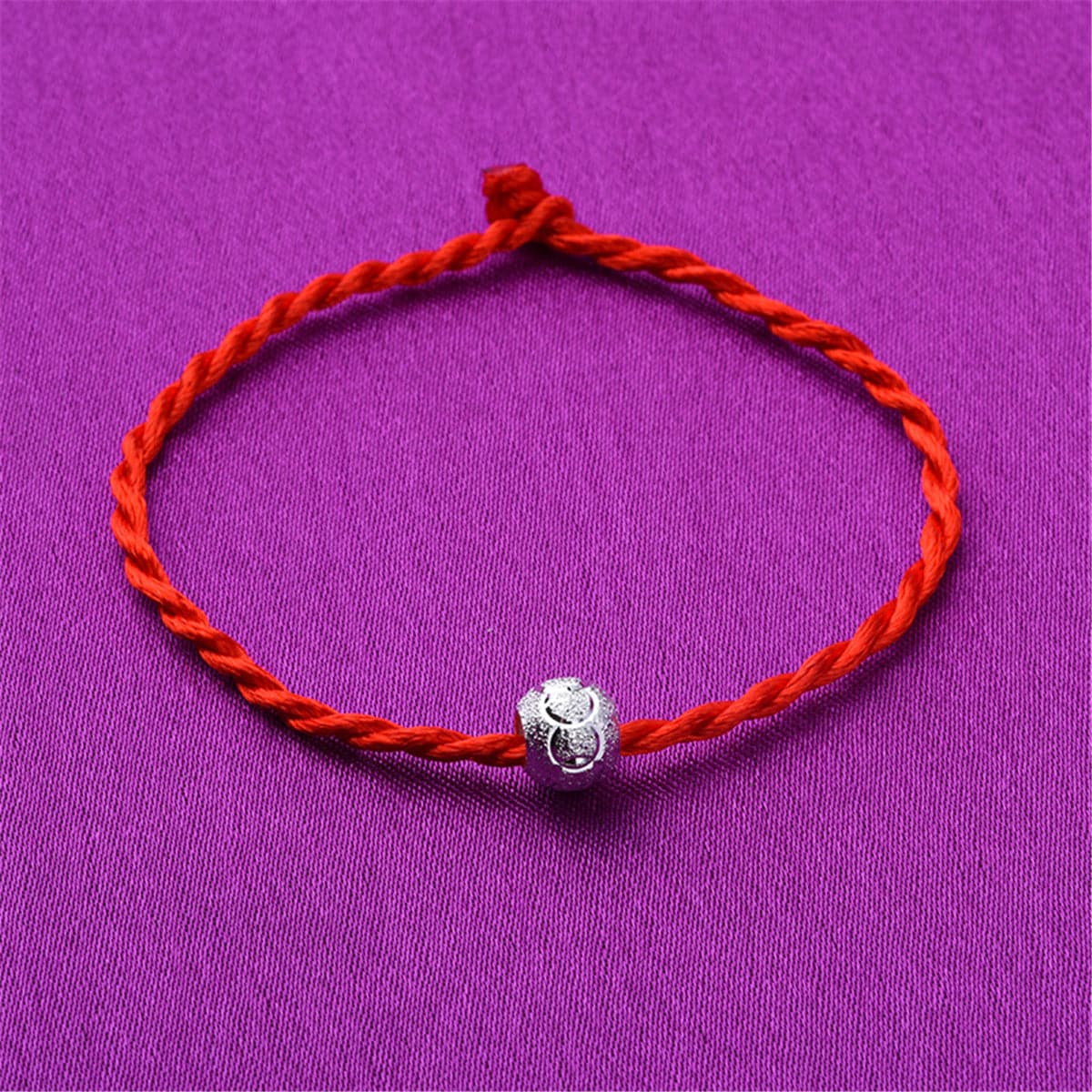 Red Polyster & Silver-Plated Frosted Bead-Accent Lucky Anklet