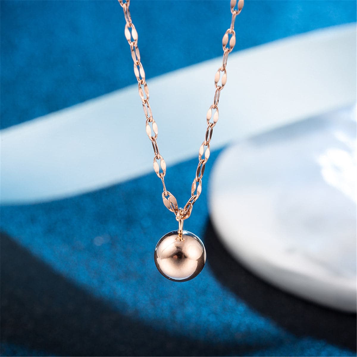 18K Rose Gold-Plated Ball Pendant Necklace, rose gold pendant necklace for women, everyday style, side view