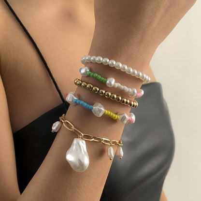 Blue Howlite and Pearl Color Block Beaded Stretch Bracelet Set, jewelry gift sets for women, detail close-up