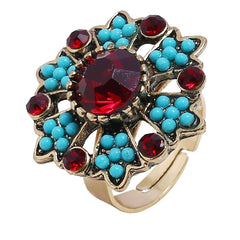 Red Cubic Zirconia & Turquoise Flower Cocktail Ring - streetregion