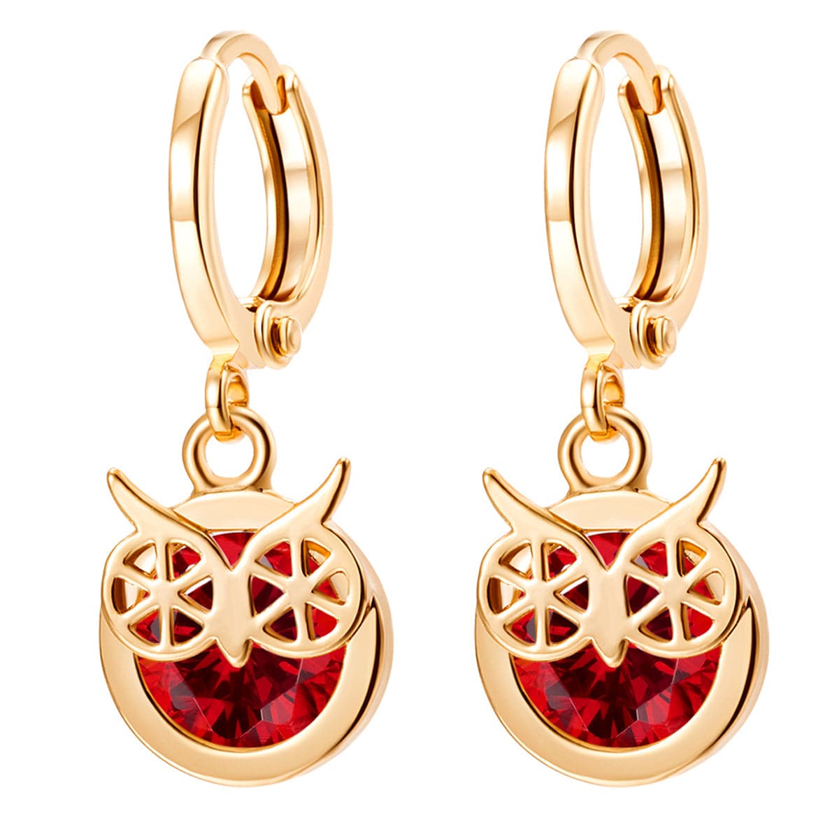 Red cubic zirconia & 18k Gold-Plated Owl Bezel Drop Earrings - streetregion