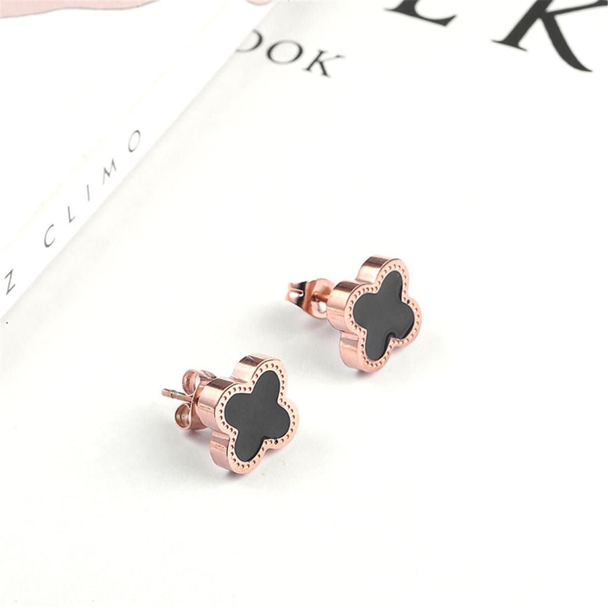 Black & 18k Rose Gold-Plated Clover Stud Earrings - streetregion