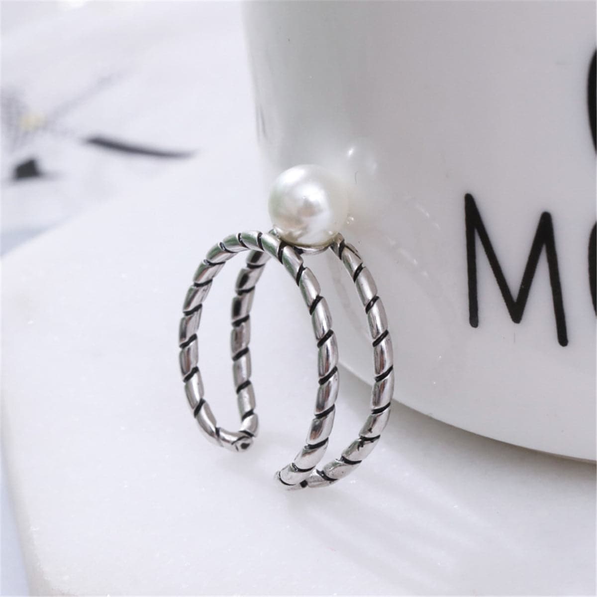 Pearl and Silver-Plated Openwork Ring, silver statement rings for women, botanical inspired, detail close-up