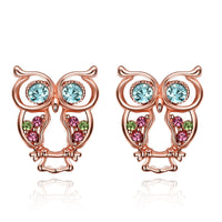 Blue Cubic Zirconias & Rose Goldtone Owl Stud Earrings - streetregion