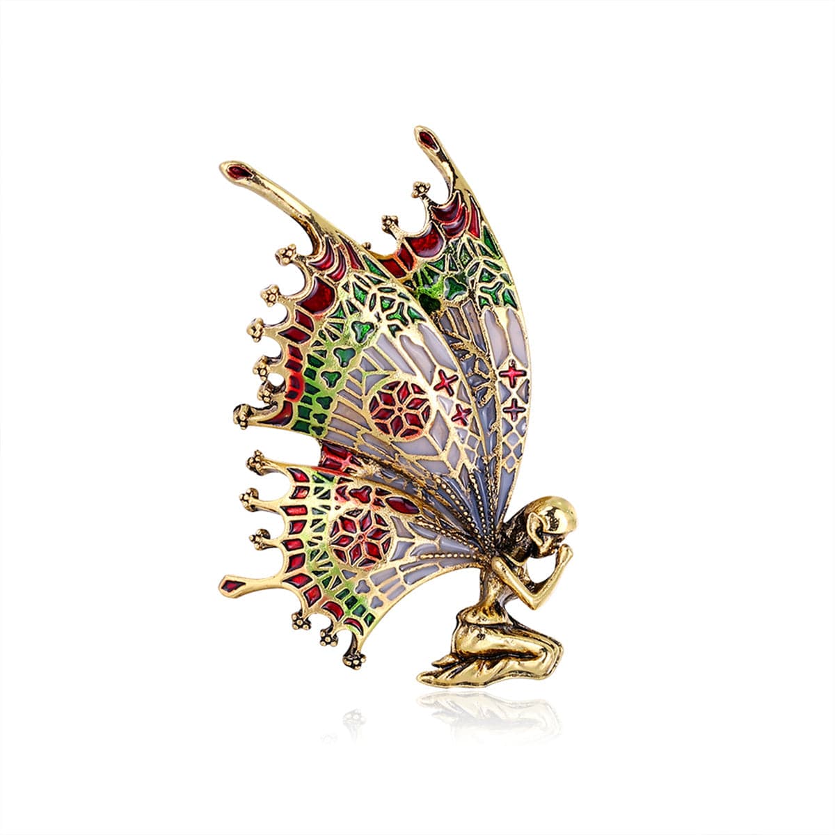Green Enamel and 18K Gold-Plated Butterfly Fairy Brooch, gold brooch pin, vintage-inspired design, side view