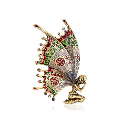 Green Enamel and 18K Gold-Plated Butterfly Fairy Brooch, gold brooch pin, vintage-inspired design, side view