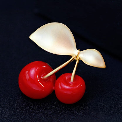 Red and 18K Gold-Plated Cherry Brooch, gold brooch pin, dainty minimalist design, detail close-up