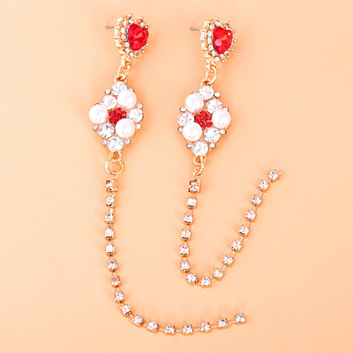 Red Cubic Zirconia & Pearl 18K Gold-Plated Heart Drop Earrings