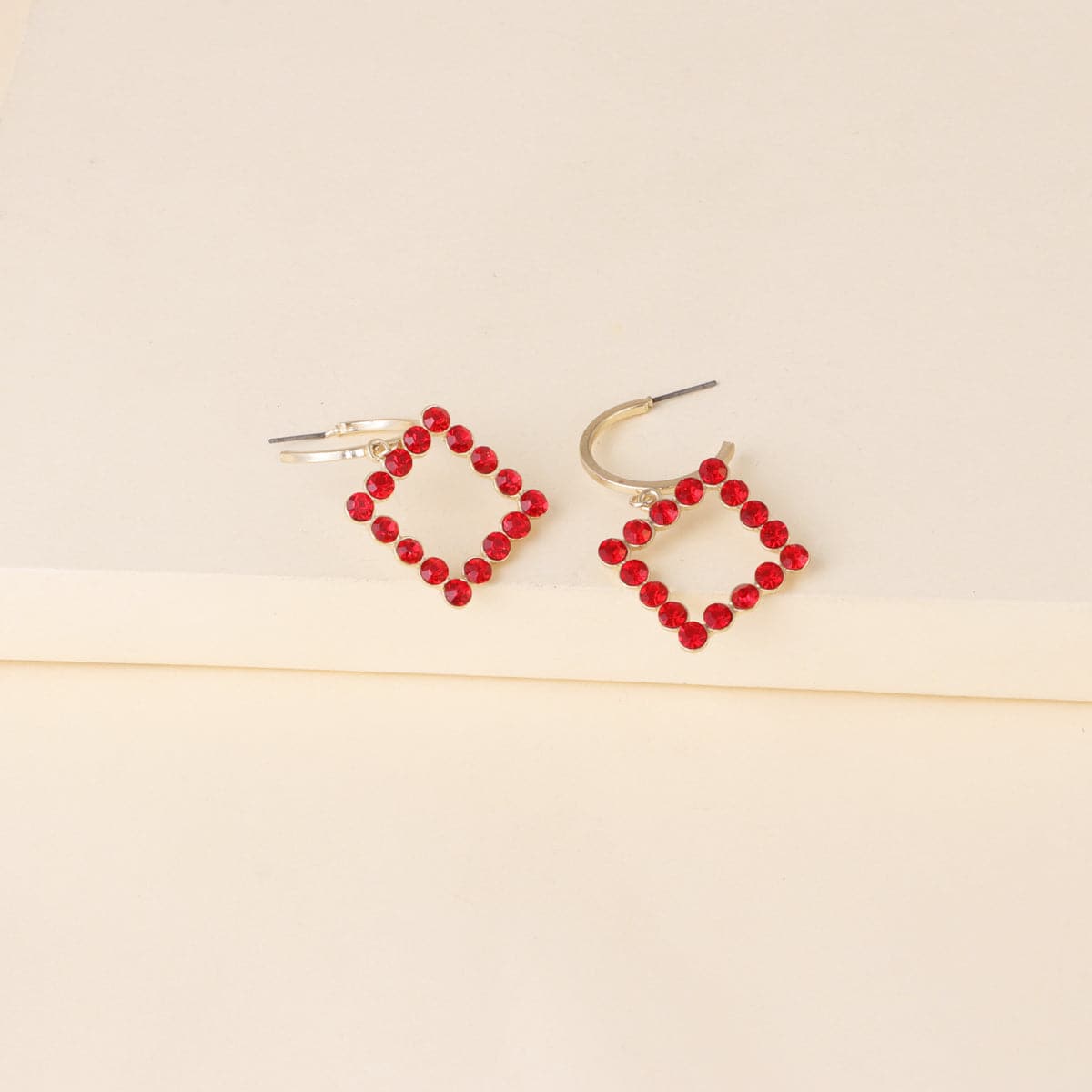 Red Cubic Zirconia & 18K Gold-Plated Open Square Drop Earrings