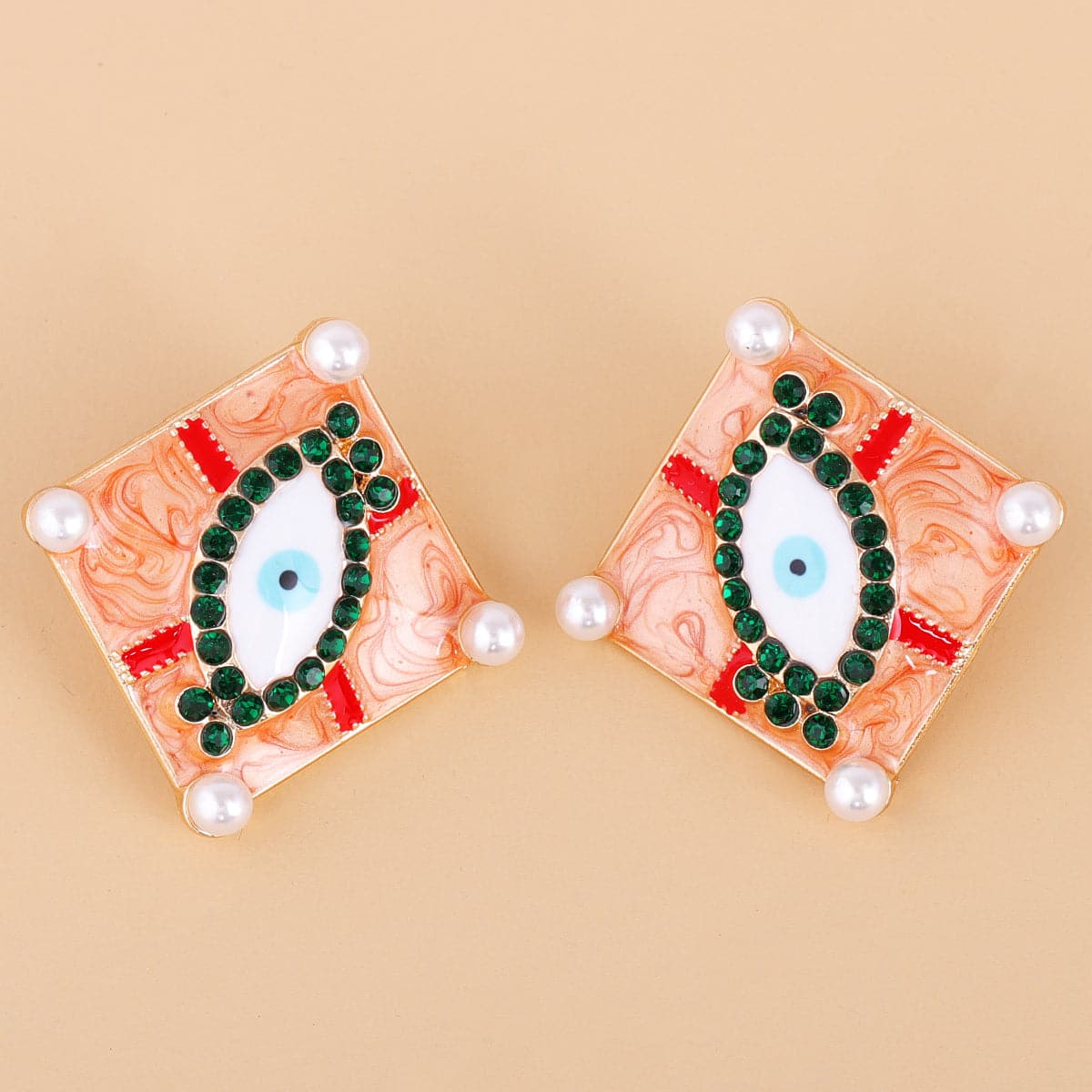 Green Cubic Zirconia & Pearl Eye Stud Earrings